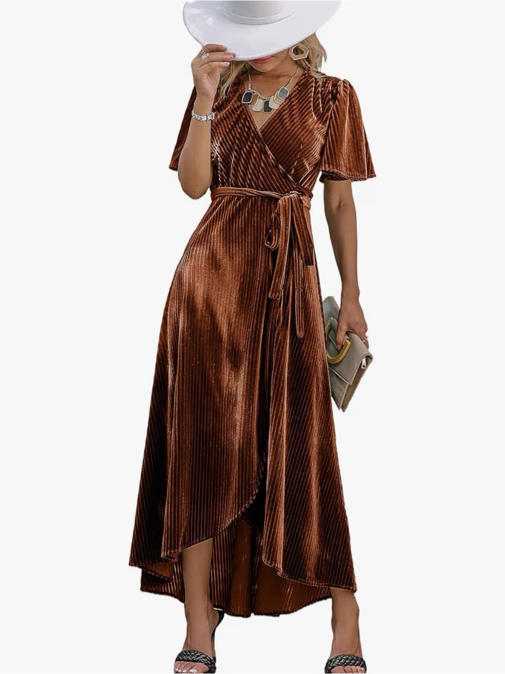 Women's Velvet Wrap Maxi Dress with Tie Waist